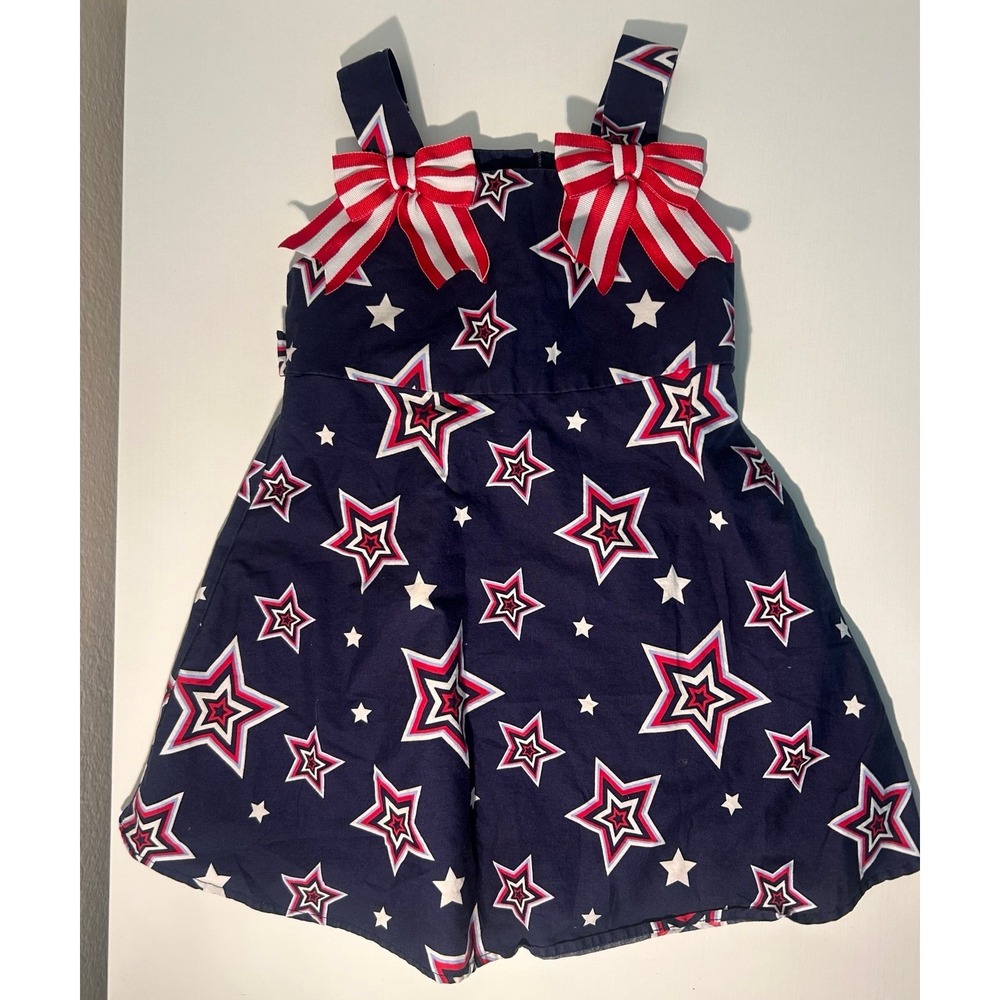 4th of July Patrotic Red White & Blue Toddler Girls Dress with Bows 2T